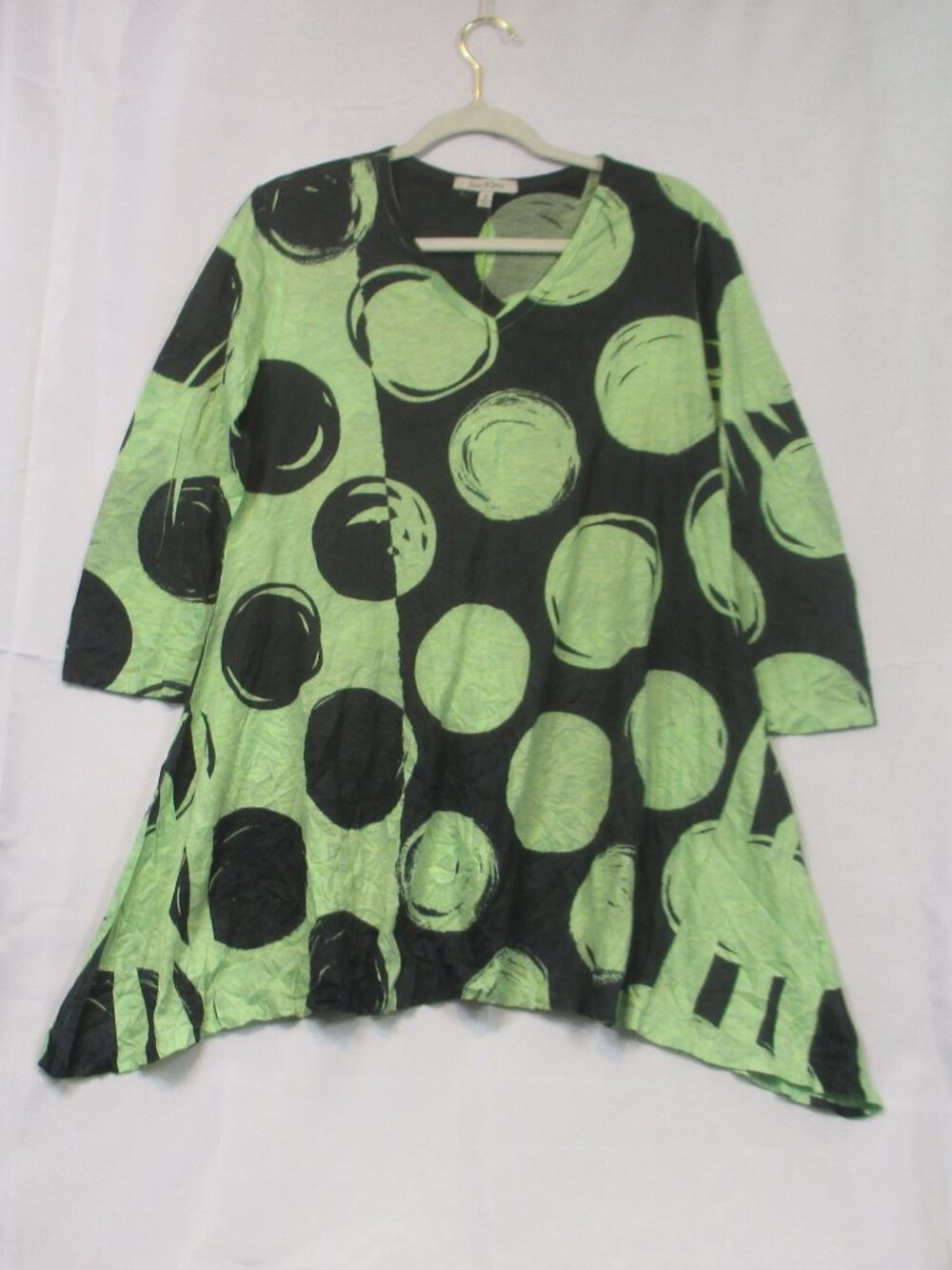 Jess & Jane Womens Polka Dot Green V-Neck 3/4 Sleeve Tunic Top Small Casual